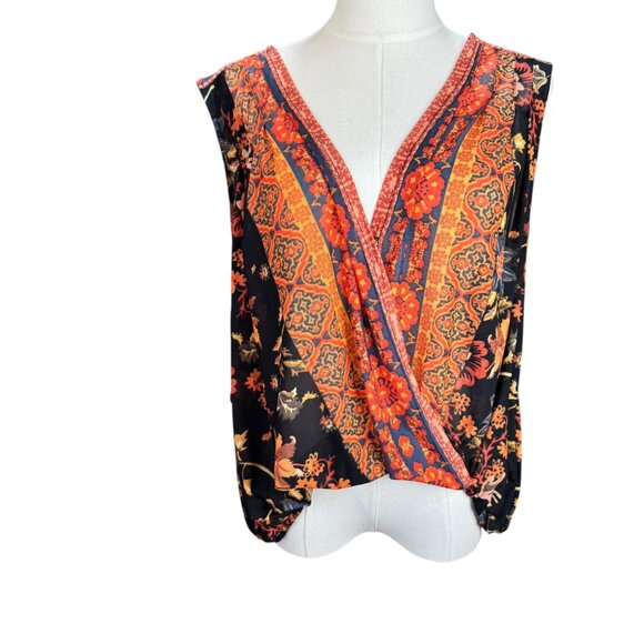 Free People Boho Floral Print Mesh Blouse Women’s Medium | Sheer Surplice V-Neck - Picture 1 of 8